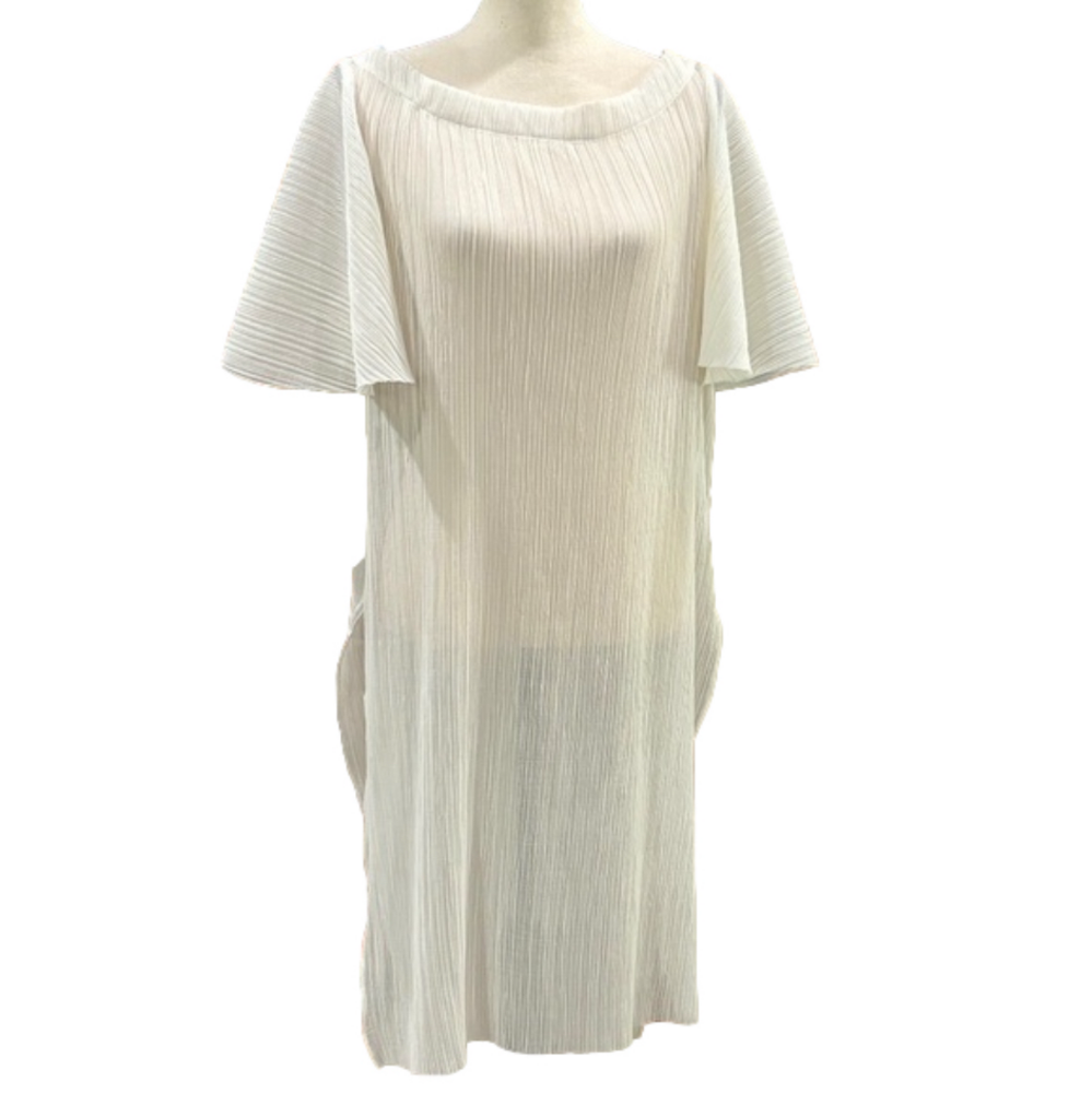 Anthro Akemi + Kin Sheer Pleated Cream Long Side Slit Tunic Dress, Size Med